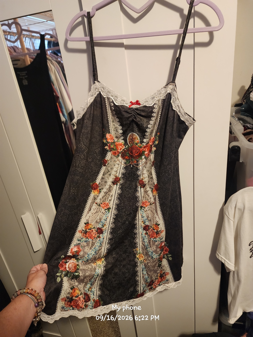 SHEIN Black Slip Dress with Red & Orange Floral Embroidery